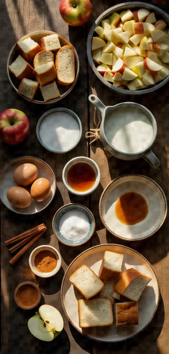 Ingredients photo for Apple Cinnamon Bread Pudding With Salted Caramel Sauce Recipe