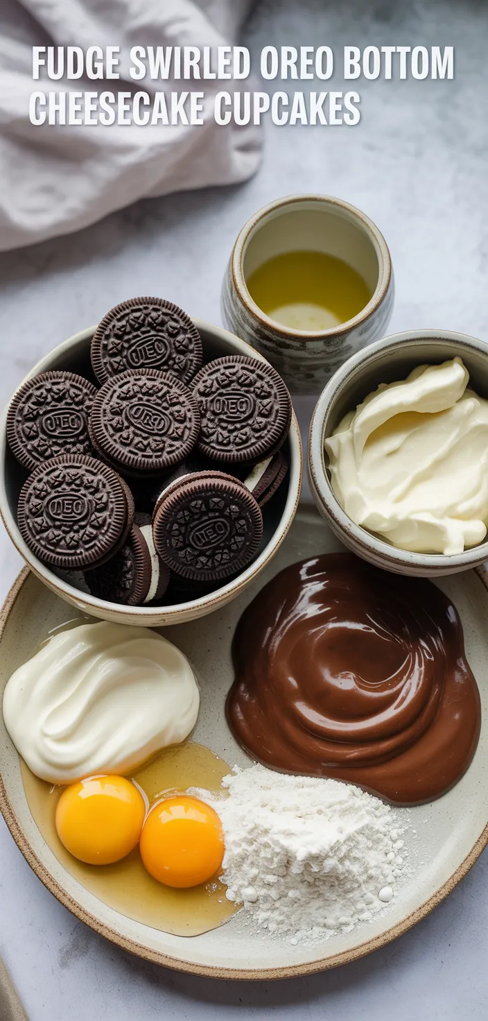 Ingredients photo for Fudge Swirled Oreo Bottom Cheesecake Cupcakes Recipe