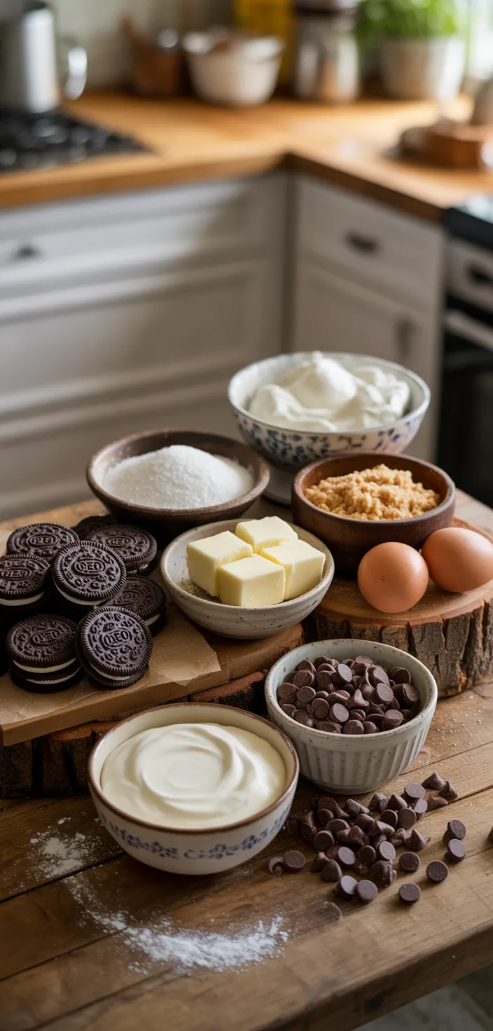 Ingredients photo for Oreo Chocolate Chip Cheesecake Bars Recipe