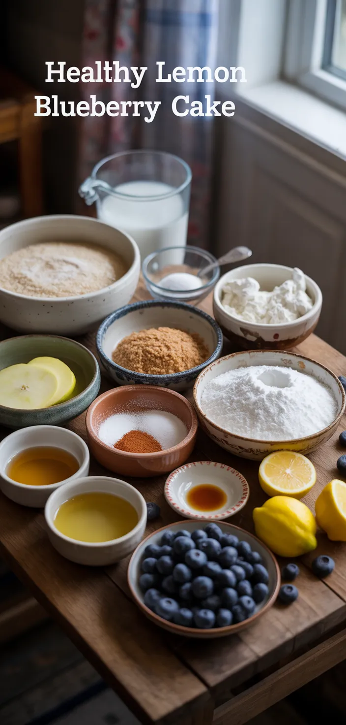 Ingredients photo for Healthy Lemon Blueberry Cake (NO Eggs, NO Milk, NO Butter!) Recipe