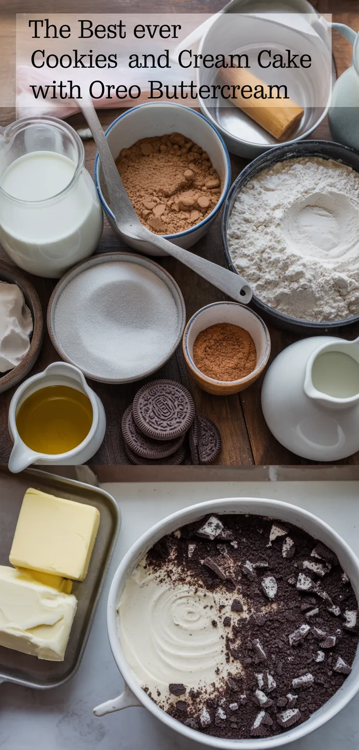 Ingredients photo for The Best Ever Cookies And Cream Cake With Oreo Buttercream Recipe