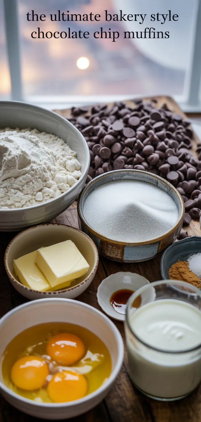 Ingredients photo for The Ultimate Bakery Style Chocolate Chip Muffins Recipe