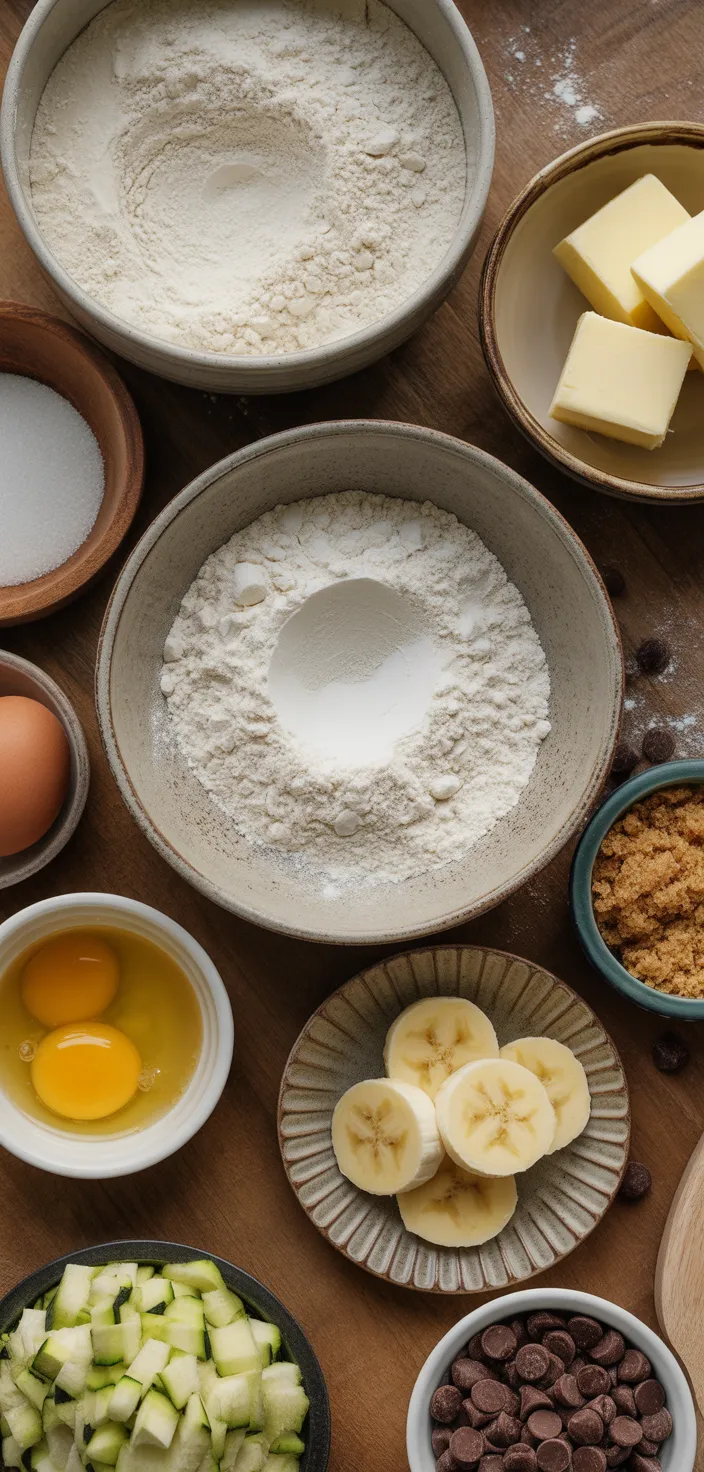 Ingredients photo for Chocolate Chip Zucchini Banana Bread Recipe