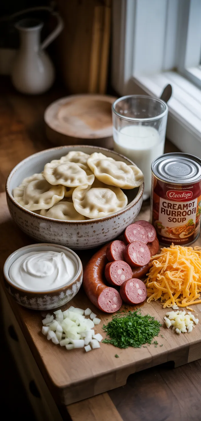 Ingredients photo for Crockpot Pierogi Casserole With Kielbasa Recipe