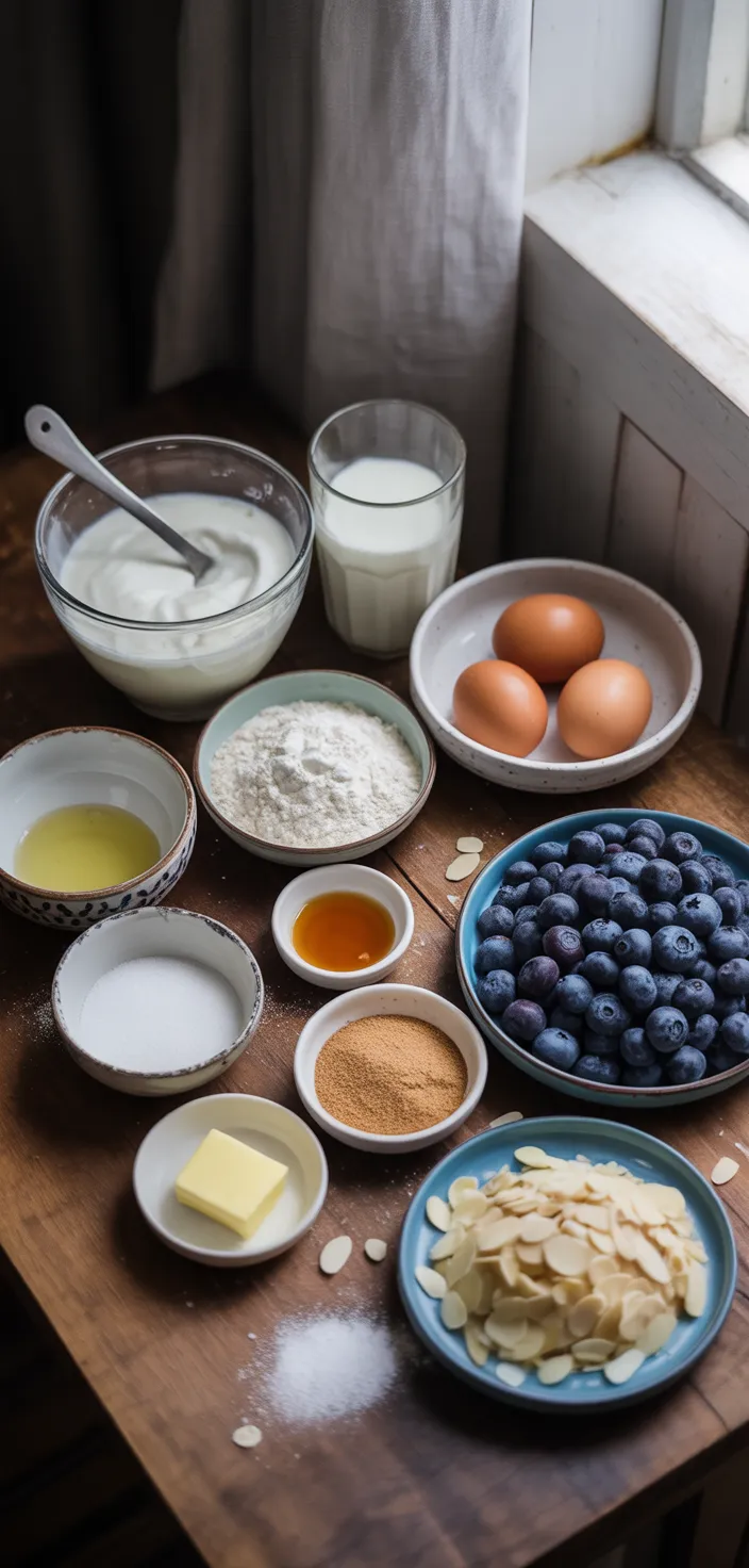 Ingredients photo for Extra Fluffy Blueberry Almond Pancakes (Greek Yogurt) Recipe