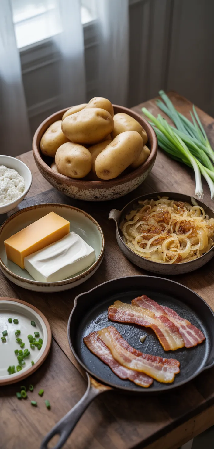 Ingredients photo for Cheddar Pierogies With Caramelized Onions And Bacon. Recipe