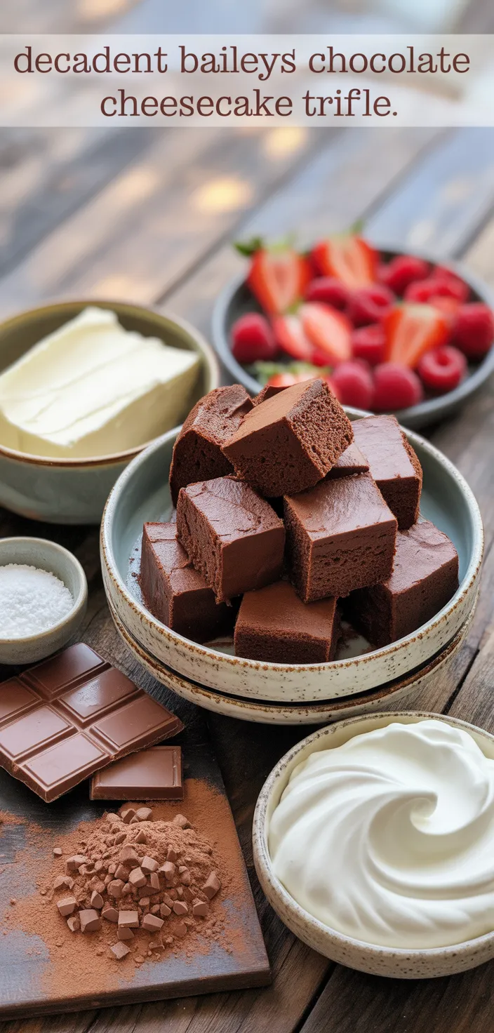 Ingredients photo for Decadent Baileys Chocolate Cheesecake Trifle Recipe