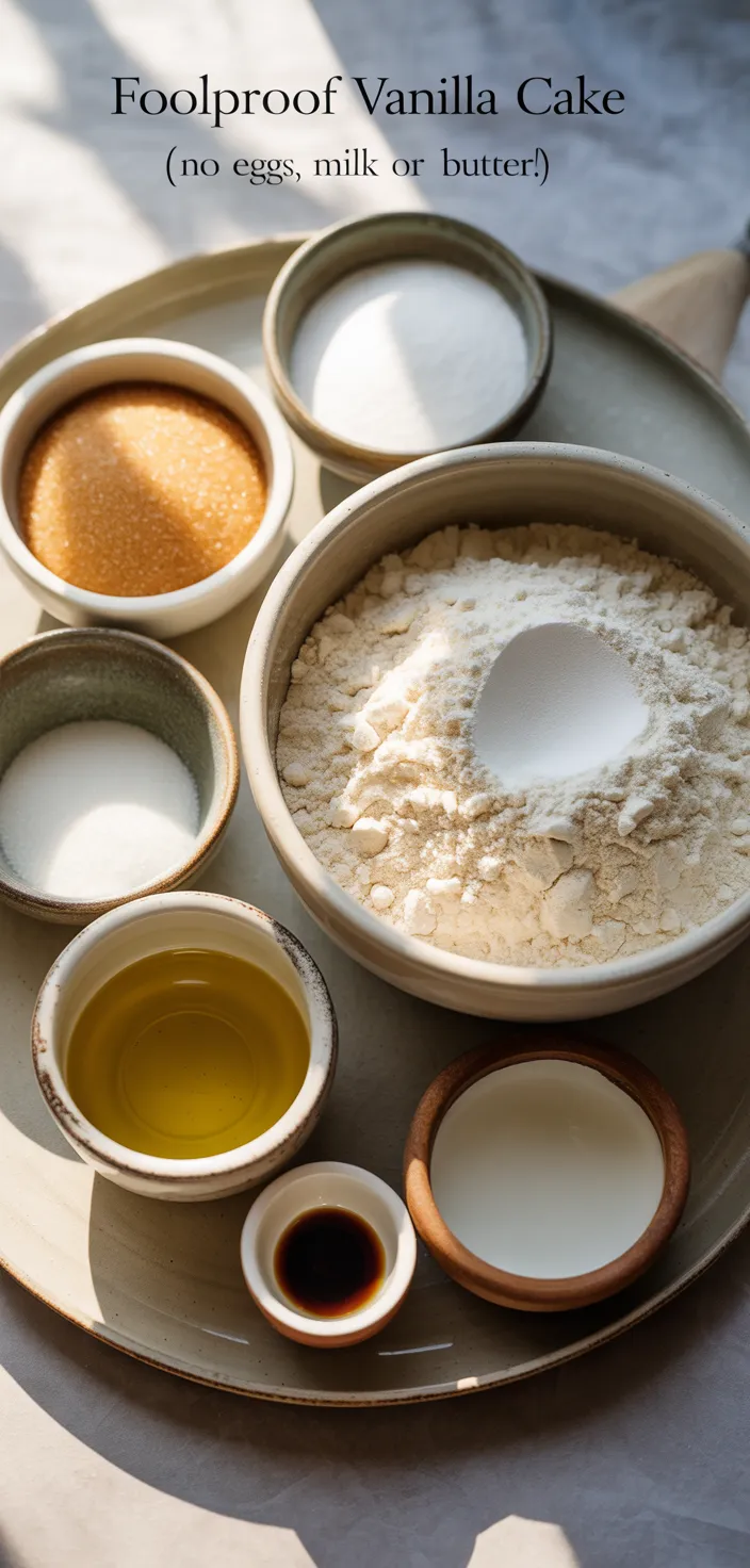 Ingredients photo for Foolproof Vanilla Cake (No Eggs, Milk OR Butter!) Recipe