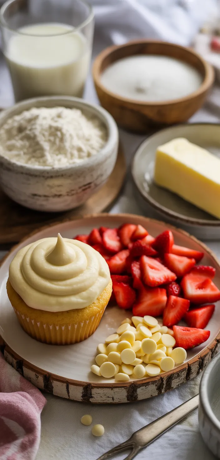 Ingredients photo for White Chocolate Strawberry Cupcakes – A Sweet Symphony Of Flavors Recipe