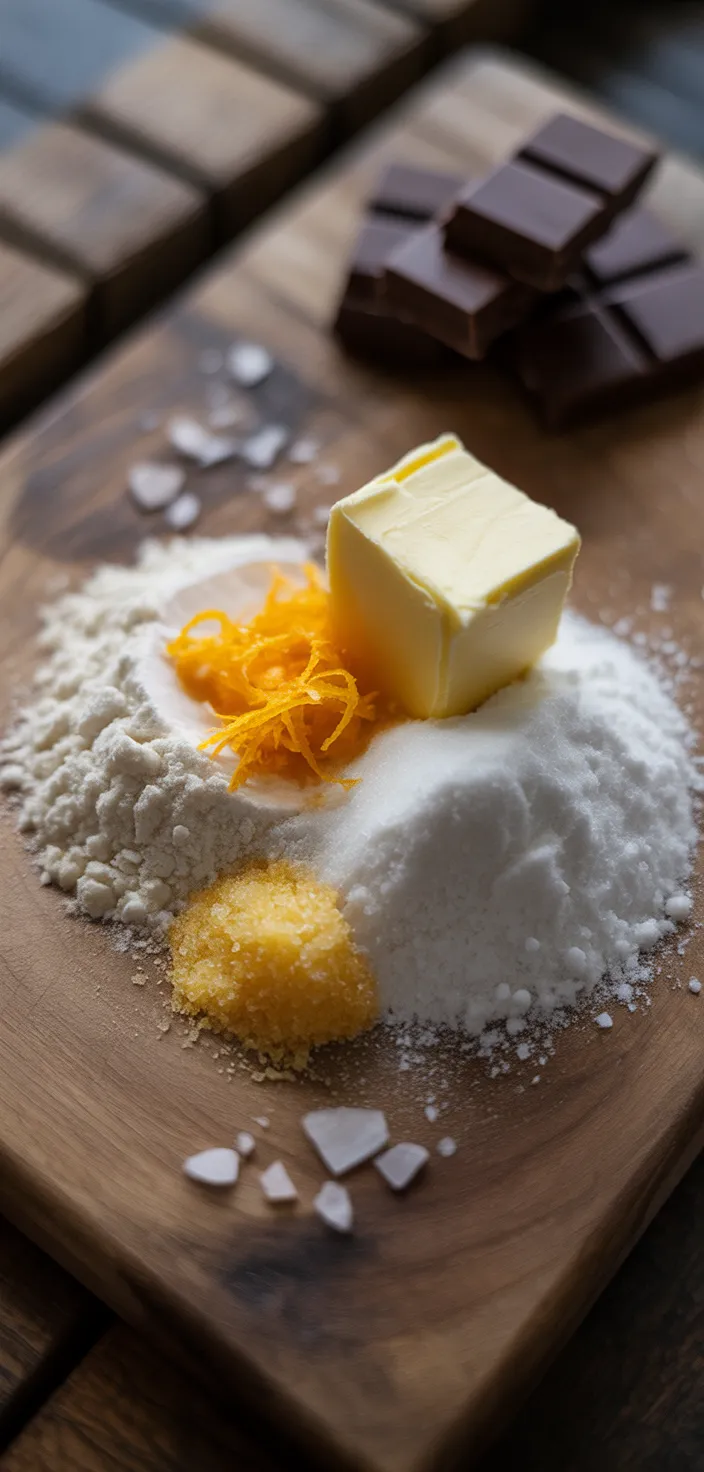 Ingredients photo for Chocolate Dipped Orange Shortbread Cookies Recipe