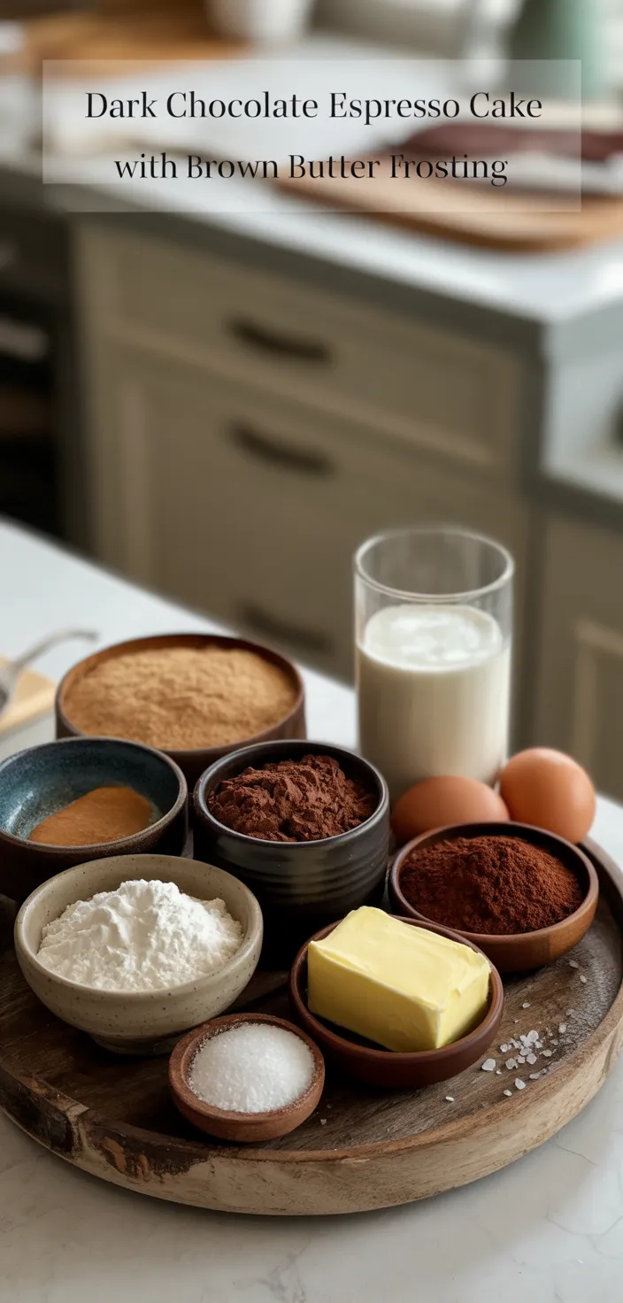 Ingredients photo for Dark Chocolate Espresso Cake With Brown Butter Frosting Recipe
