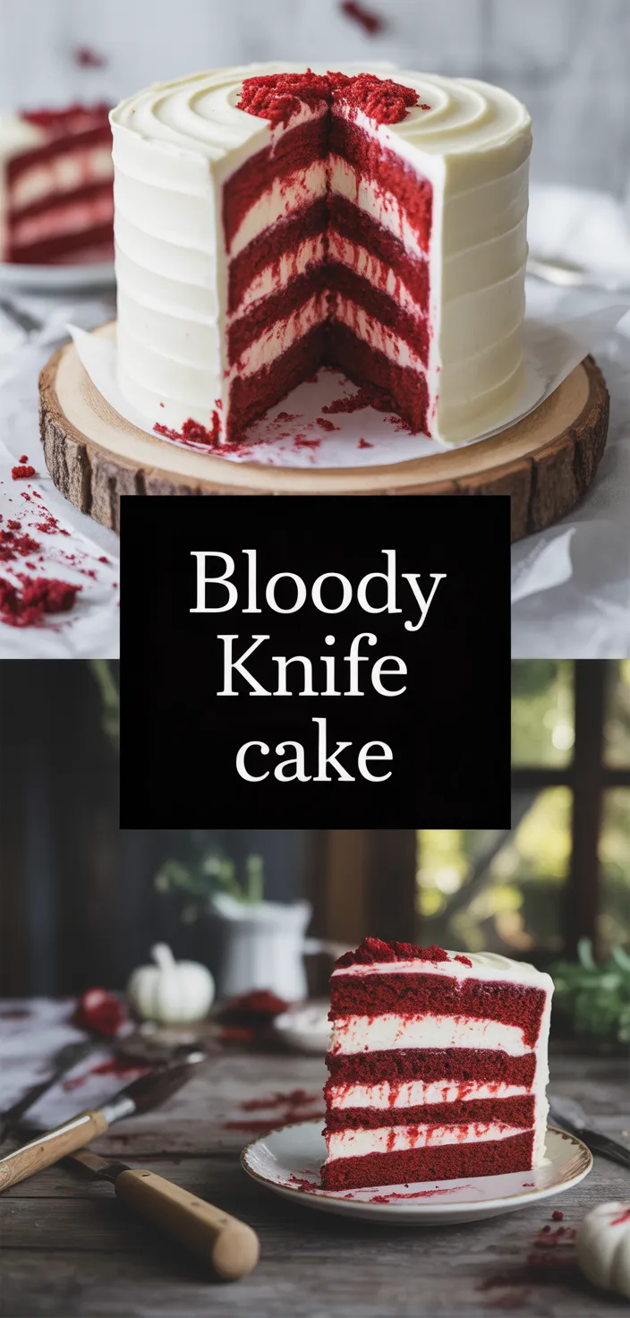 A photo of Halloween Bloody Knife Cake (Red Velvet Cake With Almond Cream Cheese Buttercream) Recipe