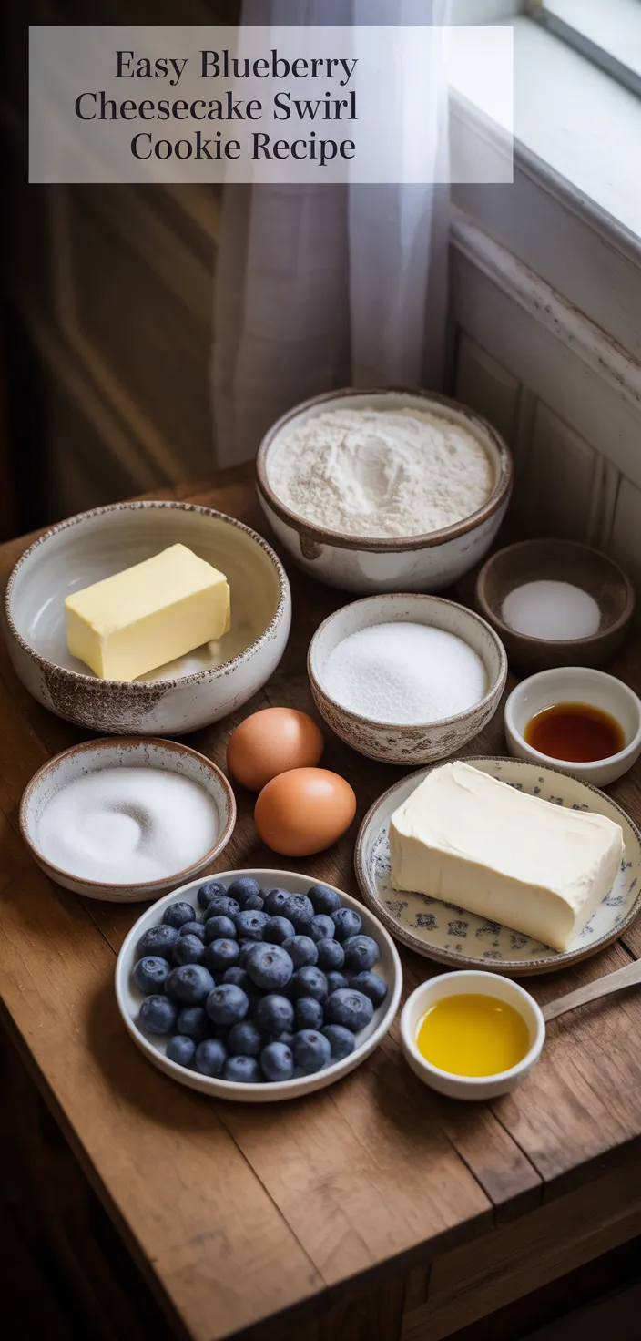 Ingredients photo for Easy Blueberry Cheesecake Swirl Cookie Recipe