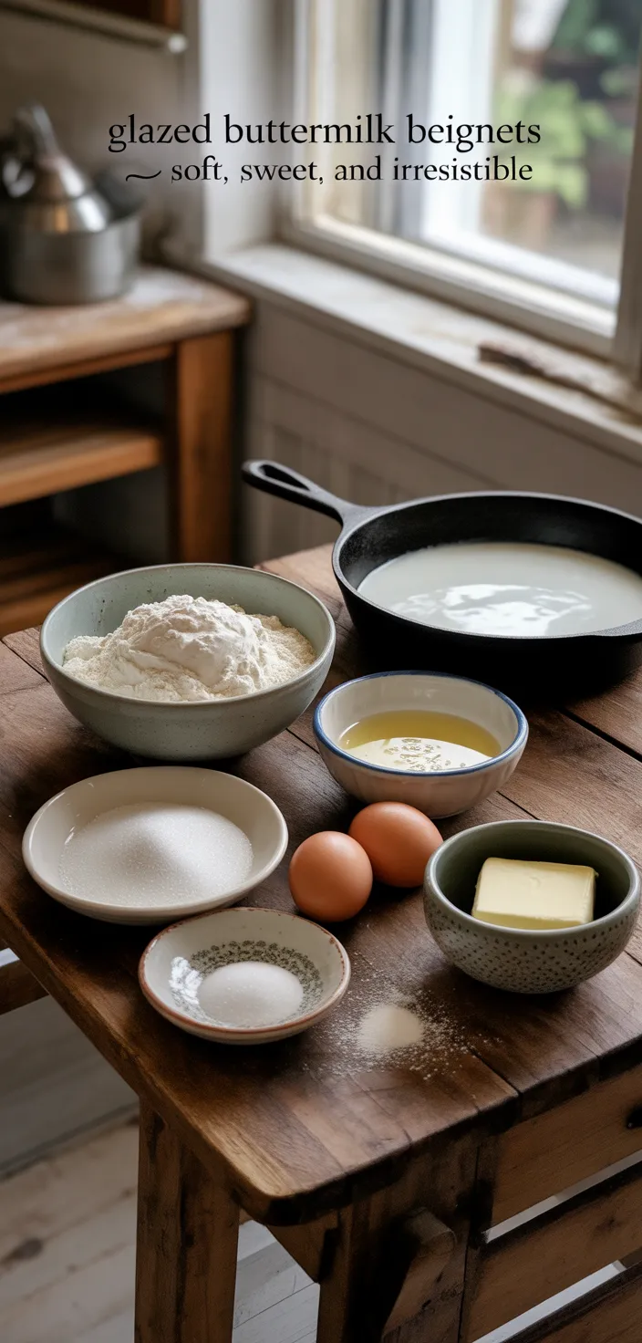 Ingredients photo for Glazed Buttermilk Beignets – Soft, Sweet, And Irresistible Recipe